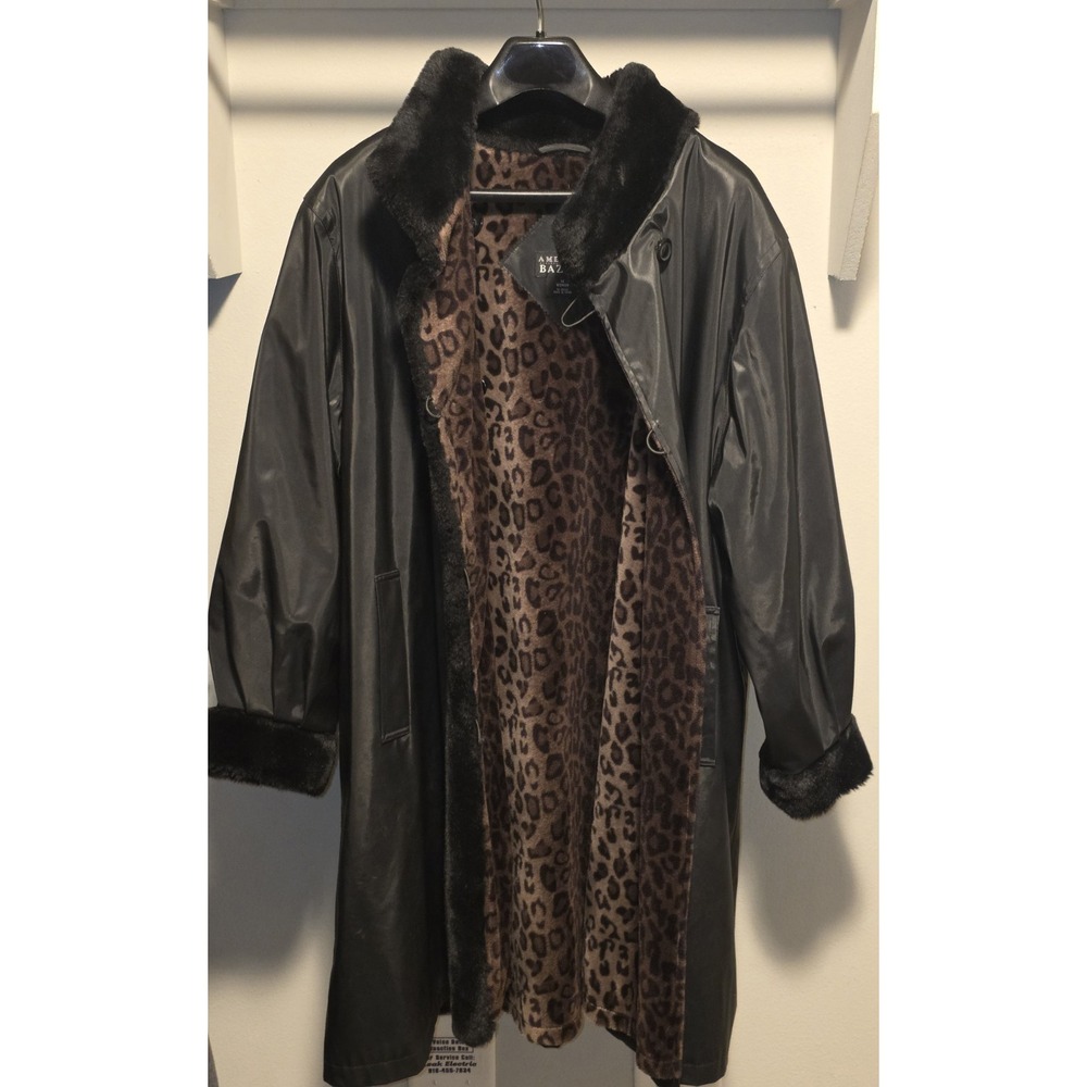 American Bazaar Women's 1X‎ Black w/ Leopard Lining All Weather Winter Rain Coat - Picture 8 of 16